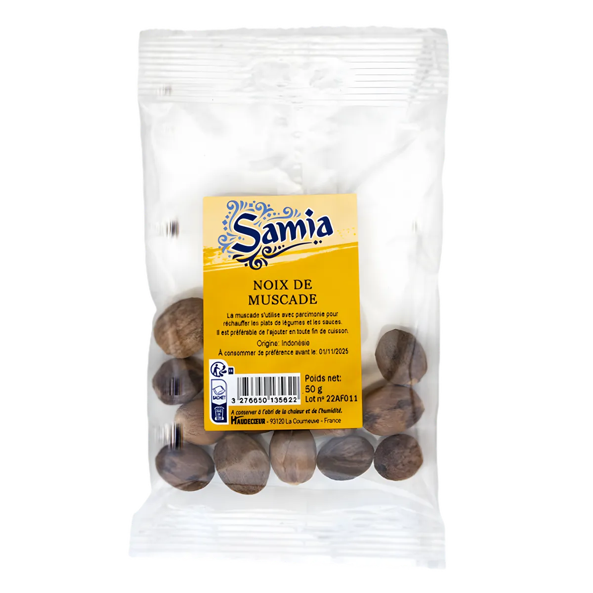 Noix de muscade SAMIA Indonésie en sachet de 50g, épices entières pour cuisine, saveur authentique et arôme intense.